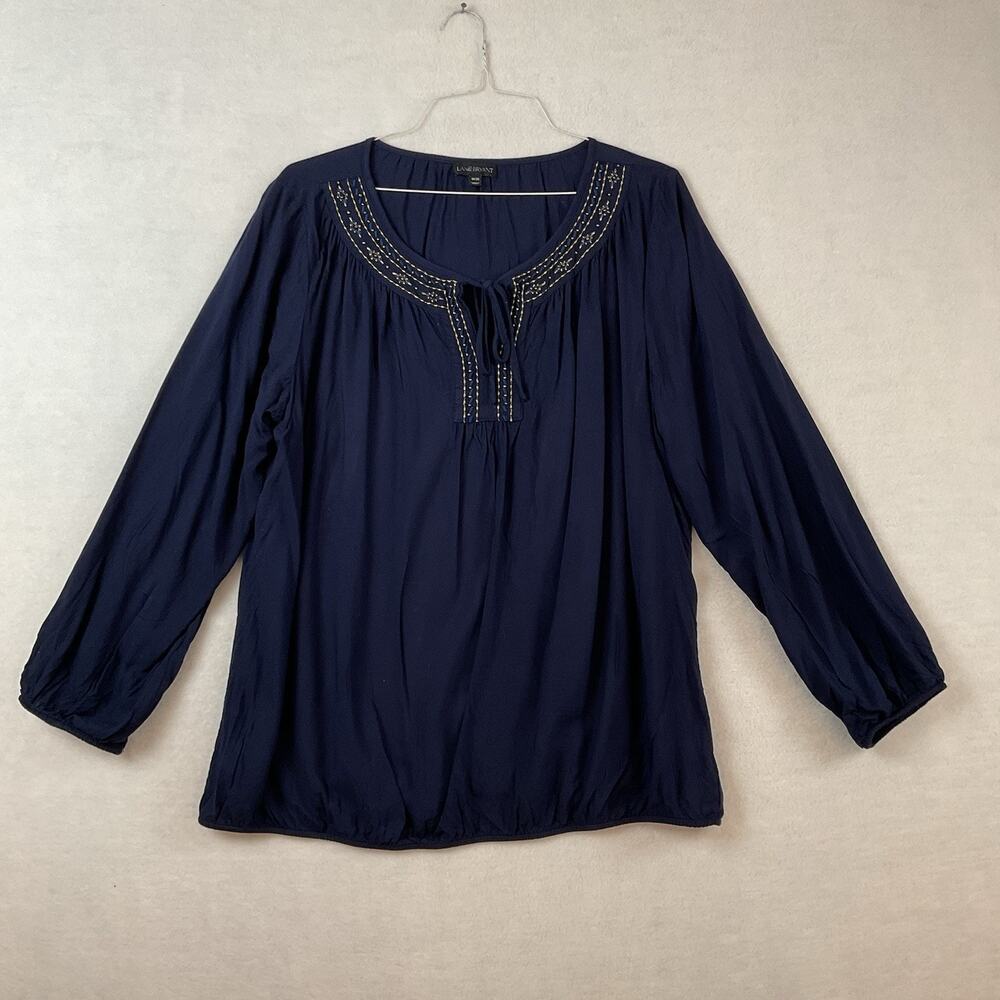 Lane Bryant Top Womens 18/20 Navy Blue Long Sleeves Embroidery Bead Accent Shirt